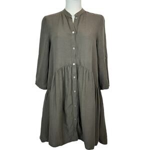 Zara Woman Peplum Brown ShirtDress Sz Small Tab Sleeve Button Front‎ Linen